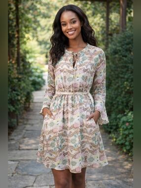 NIHM Small Floral Print Knee Length Tie Belt Shift Dress Ruffle Feminine Boho